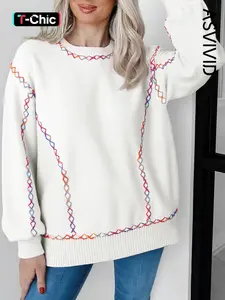 Women's Casual Pure Color Rainbow Stitching Long Sleeve Sweater Pullover, Stylish and Comfortable Knitwear for Daily Wear