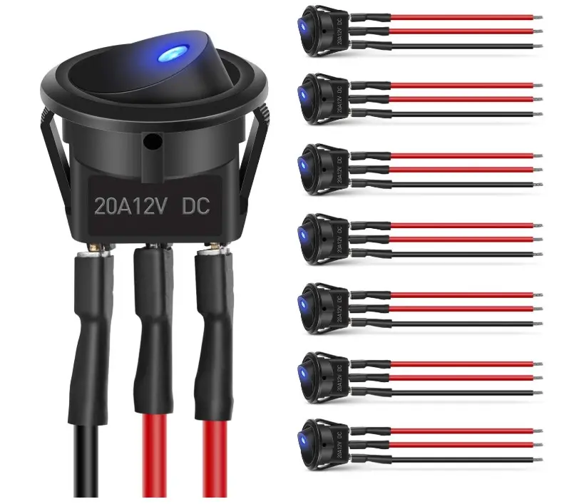 Nilight 8PCS 12V 20A Round Blue Toggle LED Rocker Switch On-Off Control SPST 3Pins for 12V Car Truck Boat Marine Off-Road Vehicle with 24PCS Wires