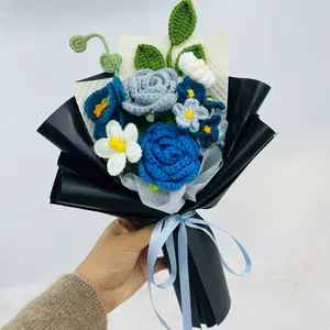 Handmade Crochet Blue Rose Decorative Bouquet, Mother's Day Friend Lover Grandmother Party Gift, Artificial Flower Arrangement, Knitted Anniversary Present
