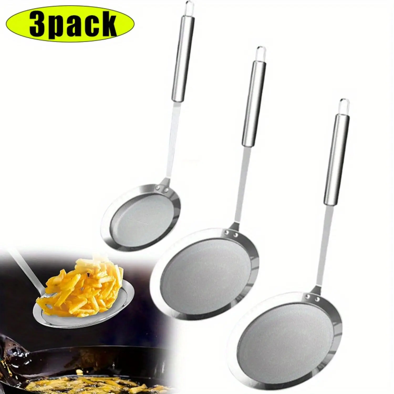 3 Pcs Sturdy Stainless Steel Fat Skimmer Spoon Utensils - Professional Fine Mesh Kitchen Strainer with Long Handle, Hanging Design for Skimming Grease, Gravy, Foam (Cooking, Frying Use)