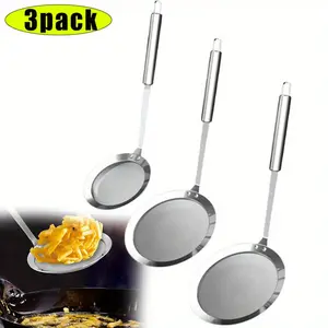 3 Pcs Stainless Steel Fat Skimmer Spoon - Professional Kitchen Fine Mesh Food Strainer and Hot Pot Skimmer with Long Handle for Skimming, Cooking, Frying, Grease, Gravy and Foam