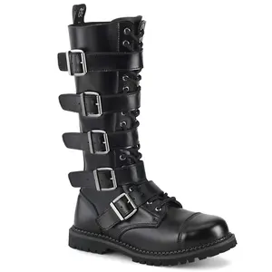 Demonia Men's Riot-18BK Black Leather Knee-high Boots with 18 Eyelets & Steel Toe Lace-Up Design for Casual Wear - Shoe