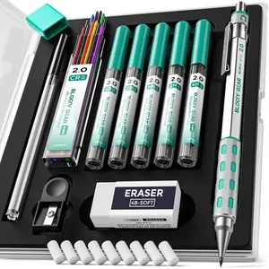 Blocky Gear 2mm Mechanical Pencils In Case  Metal Drafting Lead Holder With 6 Tubes Refill (hb 2b 2h 4b 4h & Colors) Sharpeners Erasers For Artist Carpenter Writing Drawing Sketching