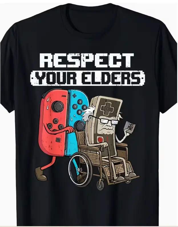 Respect Your Elders Retro Vintage Video Game Controller Cartoon Print Black Crew Neck Casual Short Sleeve Funny Gamer Nostalgia Graphic T-Shirt