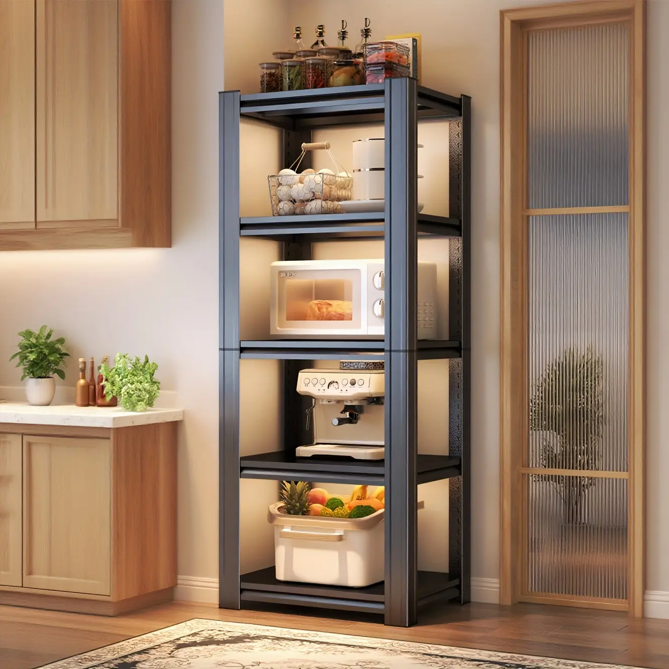 5-Tier Carbon Steel Storage Rack-Adjustable Split Shelves, Screw-Free Assembly, Ideal for Warehouses, Pantries, Kitchens, and Walk-In Closets-Space-Saving Storage Solution, Freestanding Shelving Unit