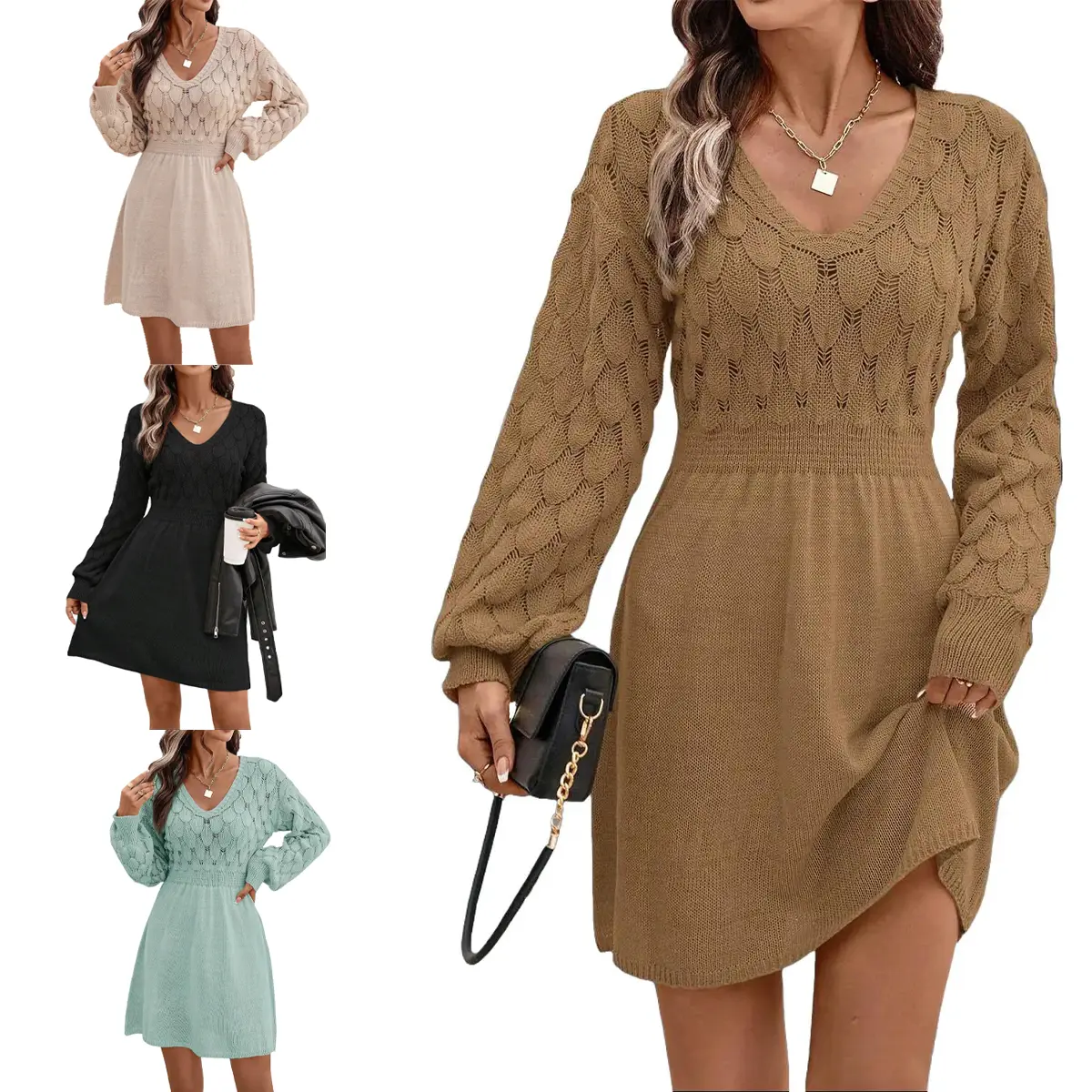 Women V Neck Long Sleeve Crochet A Line Sweater Dress Casual Vacation Loose Knit Dress