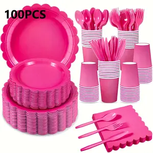 For Birthdays, Gatherings & Picnics, Party Tableware Complete Solution, Rose Red Disposable Party Tableware, Oil-proof Leak-proof Food-grade Material, Effortlessly Handle Dining for 25 People, 100 Pack