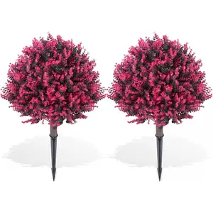 Artificial Eucalyptus Topiary Ball Trees Set of 2, 24" UV Resistant Faux Boxwood Plants with Ground Spikes, Fake Evergreen Shrubs for Outdoor Indoor Porch Patio Front Door Garden Planters
