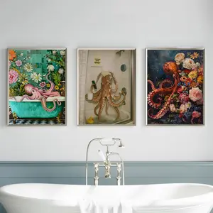 Custom Octopus in the Bathtub Oil Painting Poster, Funny Octopus  Bathroom Maximalist Wall Art, Animal in Bathtub, Whimsy Animal Art, Dark Humor, Surreal Art Print, Weird Stuff