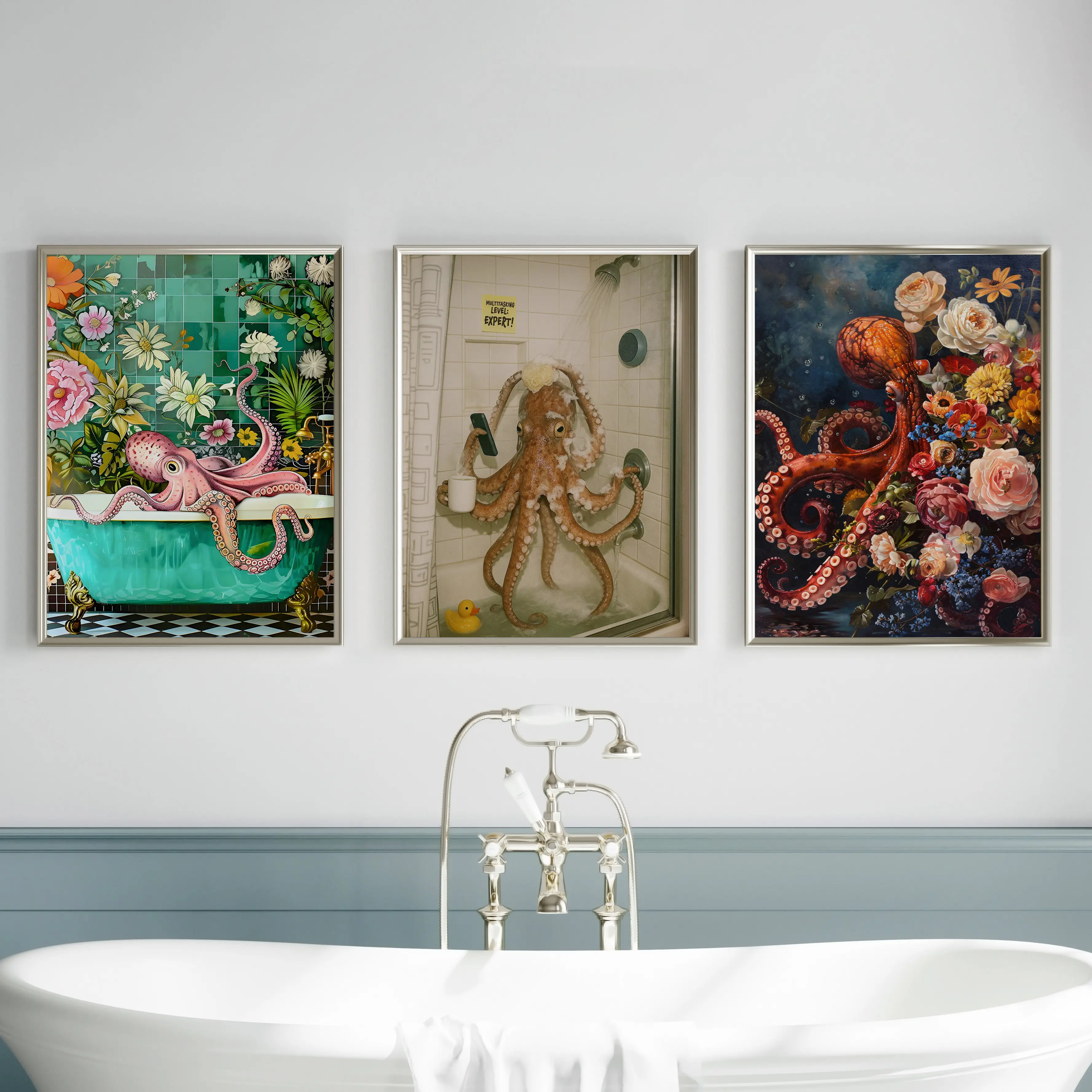 Custom Octopus in the Bathtub Oil Painting Unframe Poster, Funny Octopus  Bathroom Maximalist Wall Art, Animal in Bathtub, Whimsy Animal Art, Dark Humor, Surreal Art Print, Weird Stuff