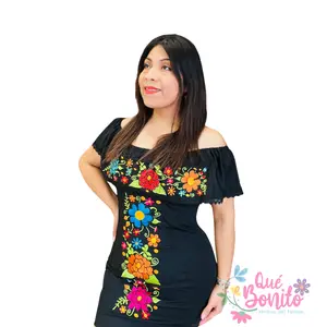 Stretch Embroidered Mexican Floral Dress