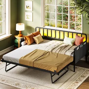 LIKIMIO Twin Daybed with Trundle, Charging Station & LED Lights, Metal Sofa Bed Frame with Side Storage, Noise-Free, No Box Spring Needed for Small Space, Guest Room, Living Room