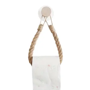 Jute Rope Paper Towel Holder, Self-Adhesive Wall Mount, Real Wood Weave Design, No Drilling Required, Ideal for Bathroom & Kitchen Use