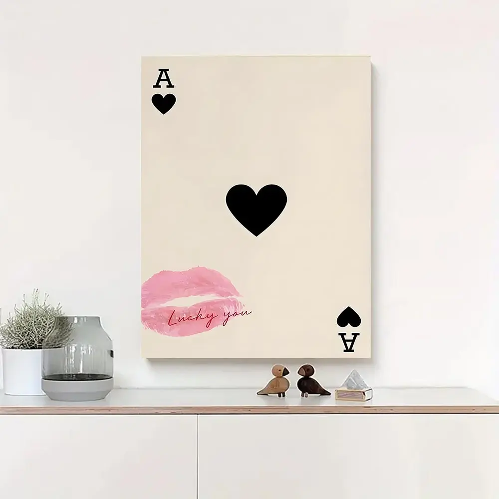 Trendy Girly Wall Decor, framed Canvas Print of Retro Poker "Lucky You", Pink Preppy Aesthetic Minimalist Woman Art for Room Decoration, wicked good poster