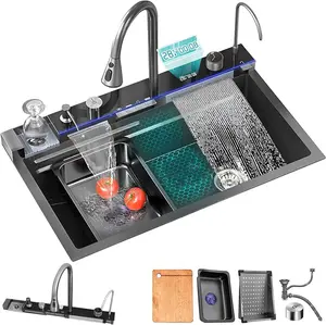 Bronstarz 33x22 INCH Nano Black Flying Rain Drop In Waterfall Sink Household Sink,Integrated Sink with LED Light Piano Pull-Out Tap Set Accessories Included
