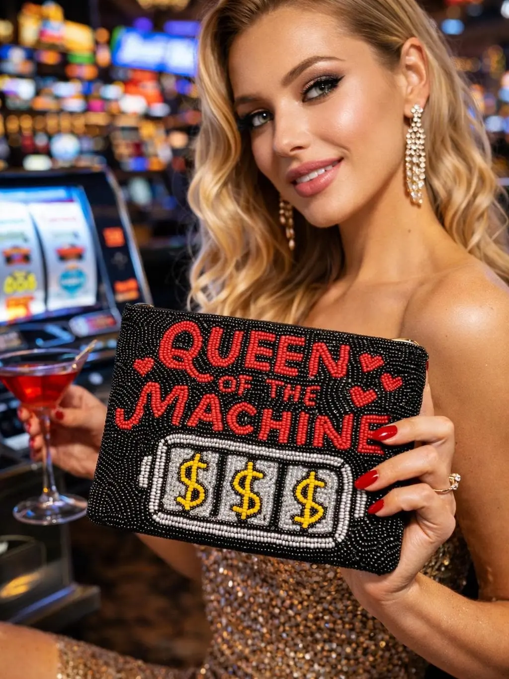 XXL Beaded Clutch Purse "Queen of the Machine" Clutch | 5x7 Casino Purse | Vegas Girl Night Out Bag | Hand-Beaded Zip Pouch | Lucky Girl Handmade Pouch