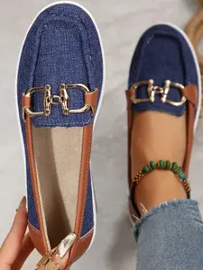 2026 New Denim Metal Buckle Wedge Sandals for Women, Colorblock Soft Sole Loafers, Slip-On Comfortable Breathable Casual Shoes