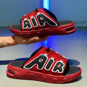 AIR Letter Air Cushion Thick Sole Slide Sandals Red/Black Color Block Drawstring Single Strap Unisex Sport Style Outdoor Slippers