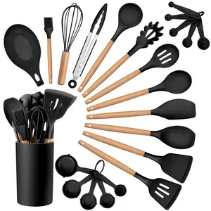 MGKKT 34-Piece Silicone Cooking Utensils Set - Silicone-Tipped, Funky Look, Nonstick Cookware-Safe Black Korean Tools for Pots, Pans, Spatulas, Kitchen Gadgets & Accessories