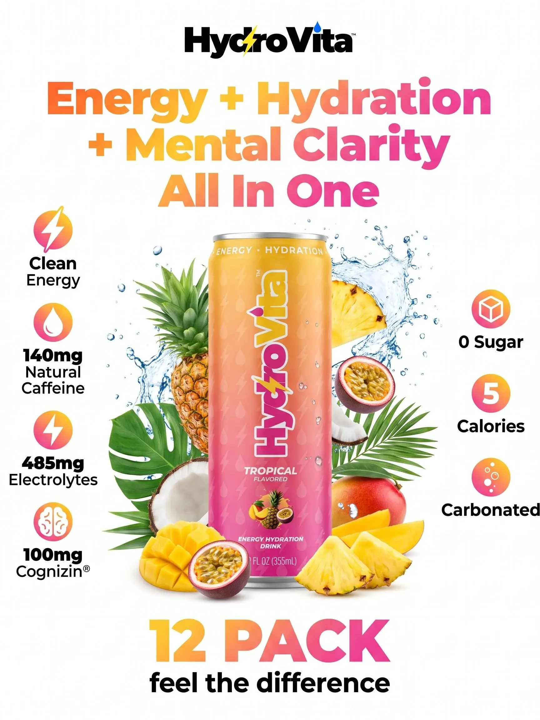 HydroVita Tropical 12 Pack, Zero Sugar Clean Energy Hydration Drink, Sport Drink, Energy Hydration & Mental Clarity in One, 140mg Natural Caffeine from Green Tea, 485mg Electrolytes, 100mg Cognizin, Carbonated Functional Beverage, No Crash