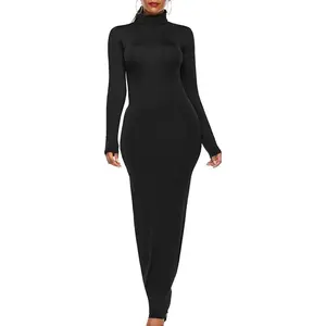 Women's Turtleneck Long Sleeve Plain Maxi Dresses Party Bodycon Long Pencil Dresses