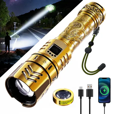 SKYFIRE 1097 Rechargeable LED Tactical Flashlight - Powerful, Strong Light, Waterproof Durable, Adjustable Zoom, 4 Modes, Portable, LED Lights, with Charging Cable for Camping, Emergency Use
