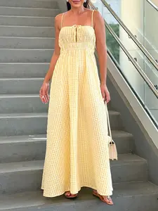 2026 Fashion Women Long Plaid Dress Sleeveless Summer Casual Date Vacation Strap Style