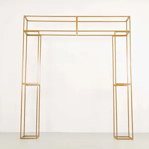 Heavy Duty Gold Metal 3D Rectangular Wedding Arch, Floral Balloon Frame Backdrop Stand - 8ft