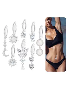 8Pcs 14G Clicker Belly Button Ring Stainless Steel Moon Butterfly Devil Opal CZ Evil Eye Snake Dangle Navel Ring Body Piercing Jewelry for Women Silver Tone