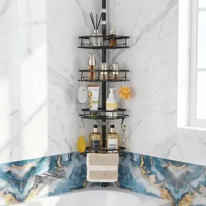 Corner Shower  Tension Pole, Shower Tension Rod Organizer, 4-Tier Adjustable Floor to Ceiling Shower  33-127inch, No Drilling Shower Shelf for Inside (Black)