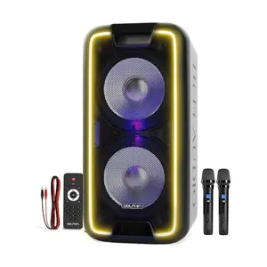 Dolphin SP-210RBT Dual 10” Bluetooth Party Speaker 3400W with LED Light Show, 2 Wireless Mics, Trolley, Rechargeable Battery, FM, USB, Guitar & Mic Input, Portable Karaoke DJ Boombox