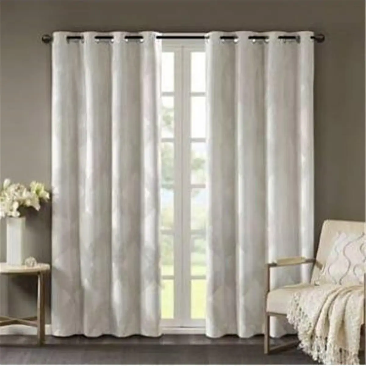 SunSmart SS40-0059 Single Panel Ogee Knitted Jacquard Total Blackout Curtain, Ivory, 50x84 in, Knitted Fabric, Luxury Appeal, Sun Protection, for Bedroom Modern Spaces, Energy Savings, Noise Protection