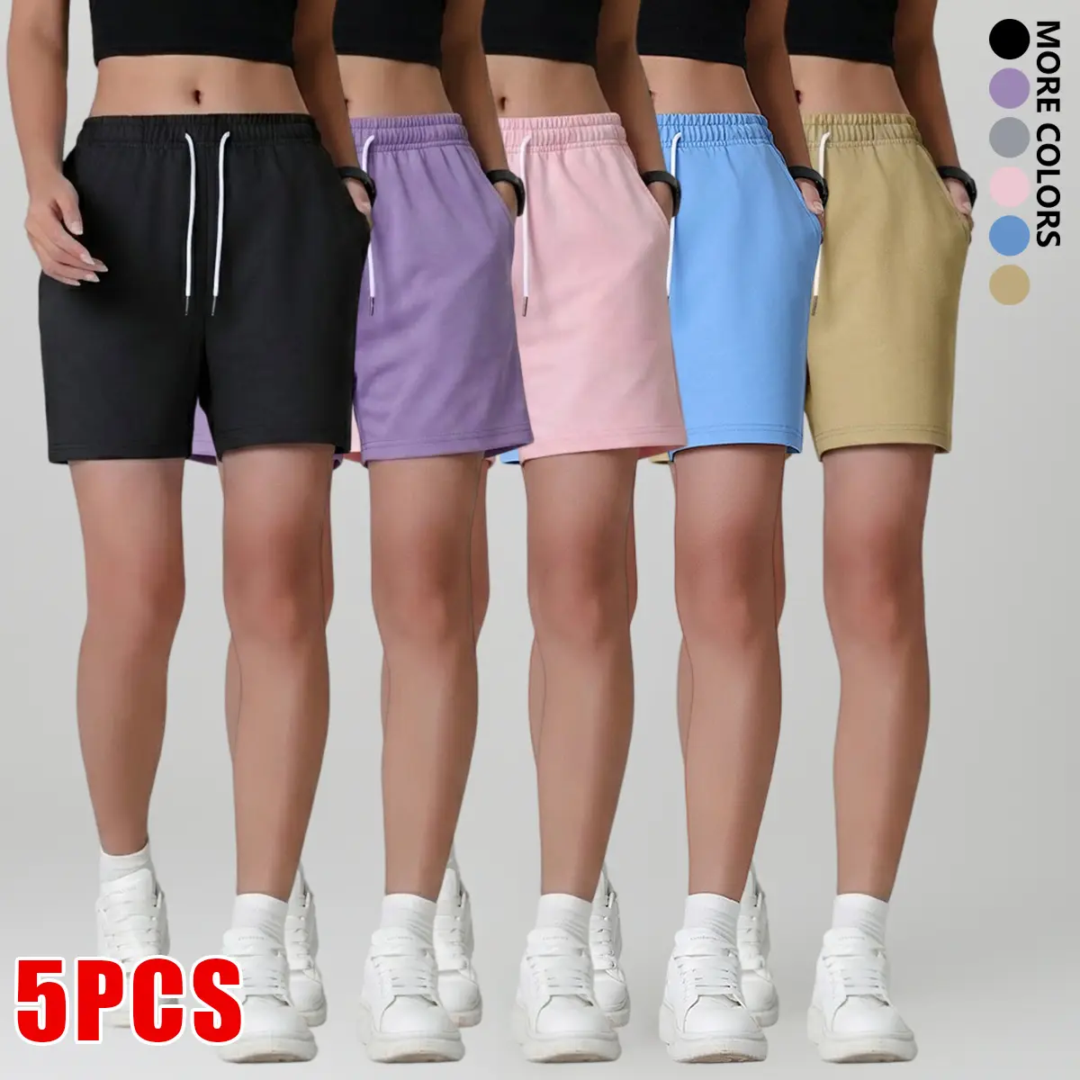 5 Pack Women's Basic Gym Shorts, Solid Mid-thigh Cut with a Drawstring Waist, Breathable & Sweat-Wicking for Yoga