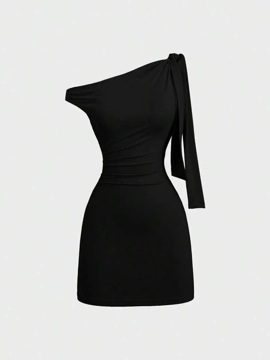 LUNIS Sweetra Women's Oblique Shoulder Flounce Sexy Bodycon Dress, Waist Cinching, Bodycon,Mini Skirt