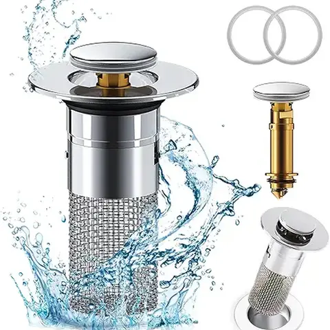 Bathroom Sink Stopper Hair Catcher, Pop Up Sink Drain Stopper with Removable Stainless Steel Filter Basket Hair Catcher for Universal Bathroom Basin Sink Stopper Replacement (Silver, 1Pcs) 3-in-1 kitchen sink drain strainer Universal Dual Function kitchen