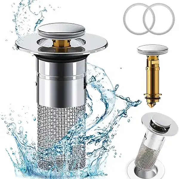 Bathroom Sink Stopper Hair Catcher, Pop Up Sink Drain Stopper with Removable Stainless Steel Filter Basket Hair Catcher for Universal Bathroom Basin Sink Stopper Replacement (Silver, 1Pcs) 3-in-1 kitchen sink drain strainer Universal Dual Function kitchen