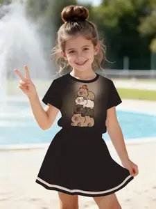 Summer Girls' Trendy Cartoon 3D Print Short Sleeve Round Neck Top + Skirt Set, Cute Casual 2 Piece for Outdoor Activities, Cute Clothing Set