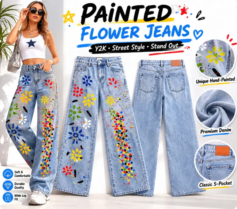 Women's High-Waist Wide-Leg Denim Jeans - Multicolor Splash Daisy Floral Direct Spray Print, Light Wash Blue Soft Comfortable Fabric Bottoms for Casual Art Street Styling & Easy Matching, Loose, High Waisted Wide Leg Jeans, Denim Lover, Baggy Denim Style