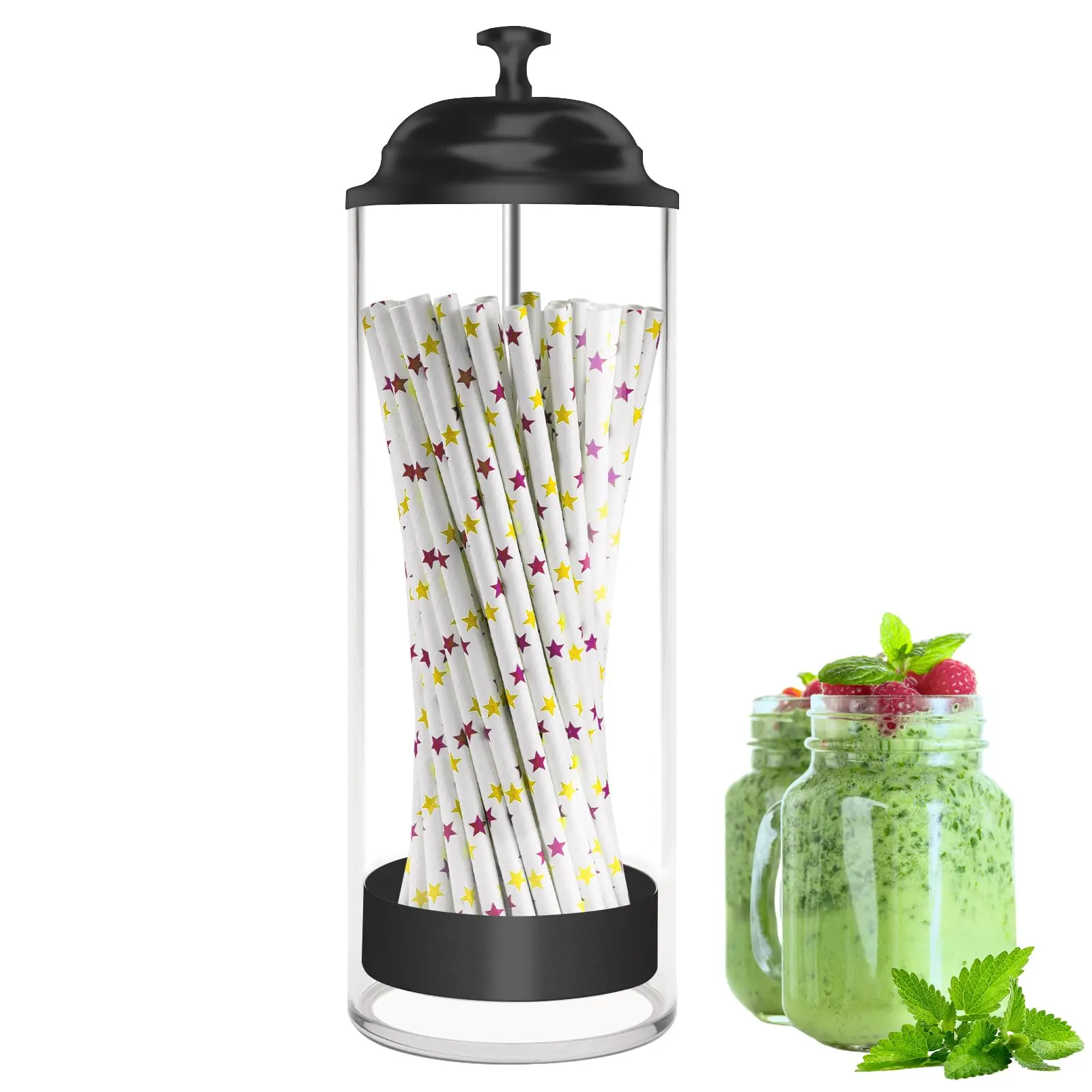 Straw Holder for Standard Size Drinking Straws, Acrylic Plastic Straw Dispenser for Counter with Lid Black(Straws Not Include)