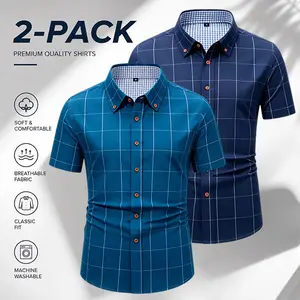 Two men’s short-sleeve shirts feature a plaid color-block design, suitable for business casual occasions. A carefully crafted notched lapel, red buttons add a touch of refinement, and the blue-and-white plaid lining creates visual layering.