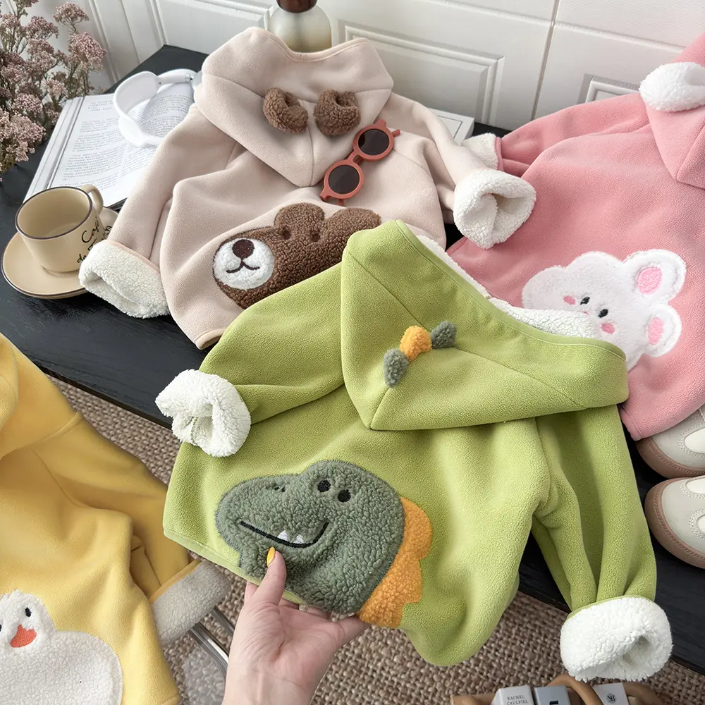 Kids' Cartoon Hood Plush Outer Fleece-Lined Thick Jacket, 2026 Korean Style, Warm Stylish Autumn-Winter Toddler Coat