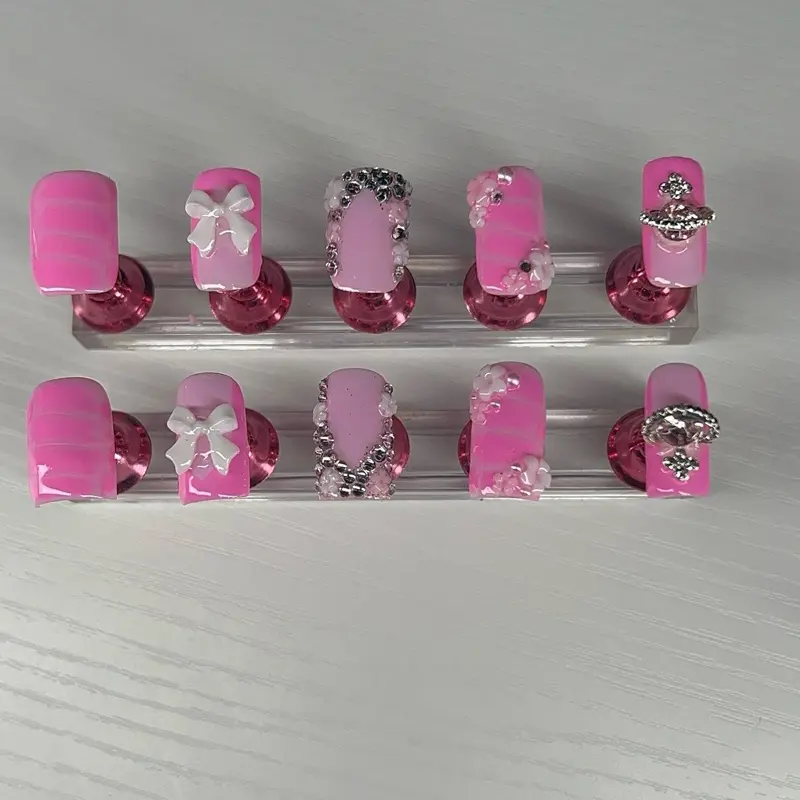 Handmade Barbie Pink Press-On Nails - 3D Bows Pearls Rhinestones & Glam Charms Glossy Tropical Design with Hibiscus Flowers Palm Trees & Ombré Color Blends for Summer Beach Trips or Daily Wear Reusable Luxurious Extra