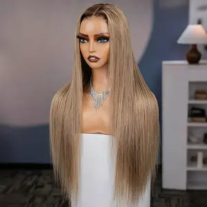 OQ HAIR Colored Ombre Ash Blonde Hair with Brown Root Straight Drawstring Wig 7x5 Lace Wear Go Glueless Wig 180% Density Pre Plucked With Natural Hairline