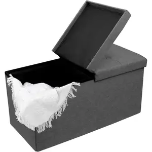 30 Inches Storage Ottoman Bench with Flipping Lid, Linen Foldable Storage Footrest, Ottoman with Storage for Living Room Holds up to 330lbs, Dark Grey