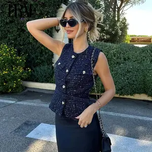 TRAF Sequin Sleeveless Vests for Women Texture Luxury Women's Warm Vest Streetwear Outerwears Button Vest Women Autumn Waistcoat