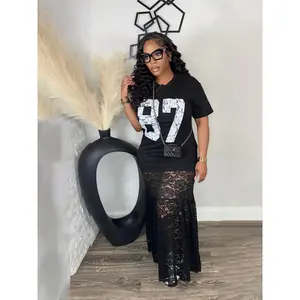 Elegant women’s lace dress with letter print, casual fitted style for spring and fall, thin fabric lightweight fashionable ladies’ clothing