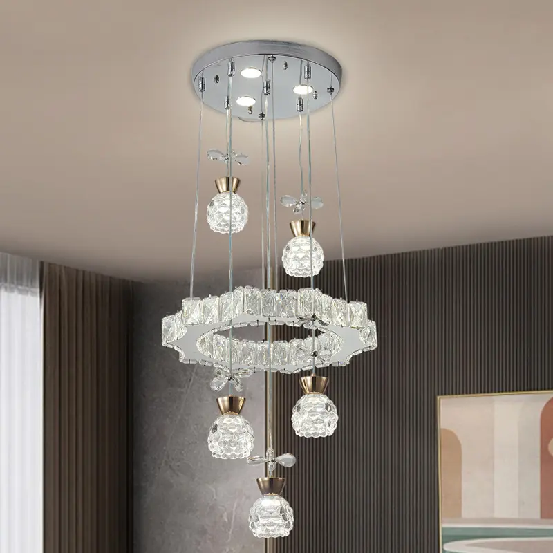 5-Head Crystal Chandelier, Elegant 3-Color LED Pendant Light with Adjustable Height, Chrome Finish Modern Ceiling Lamp for Dining Room, Cafes, Interiors Adult Home Decor Mood Lighting