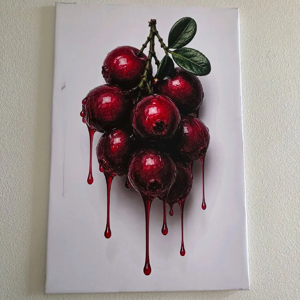 "Drippy Fruit Cherry" Framed Canvas Wall Art - Artistic Wood Framed Print, Home Decor Gift for Living Room by The World Famous Graffiti Mansion