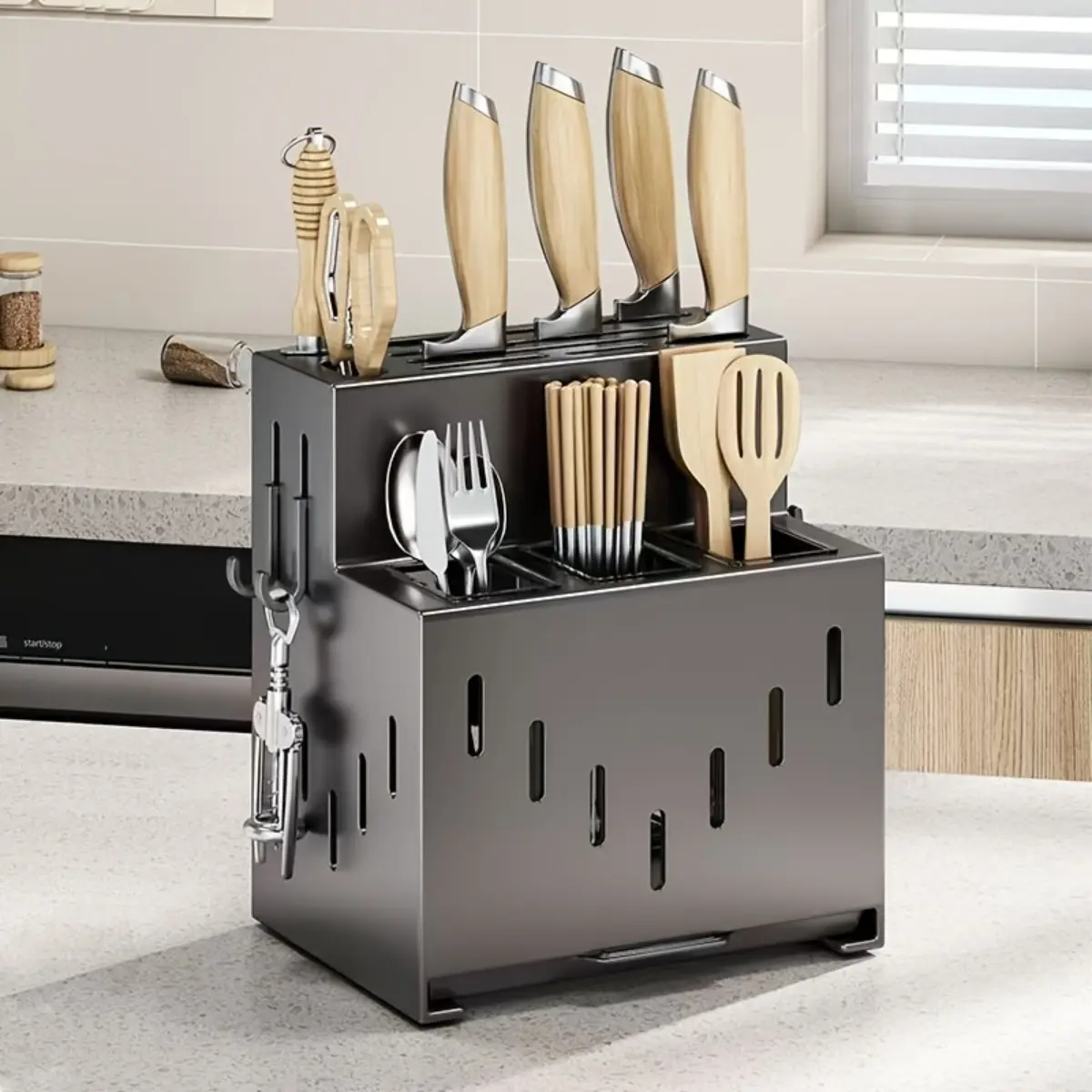 Modern Kitchen Knife Organizer Rack - Wall-Mounted & Countertop Dual-Use Utensil Holder with Thick Build, Drainage Dry-Wet Separation System for Knives, Chopsticks, Spoons Storage