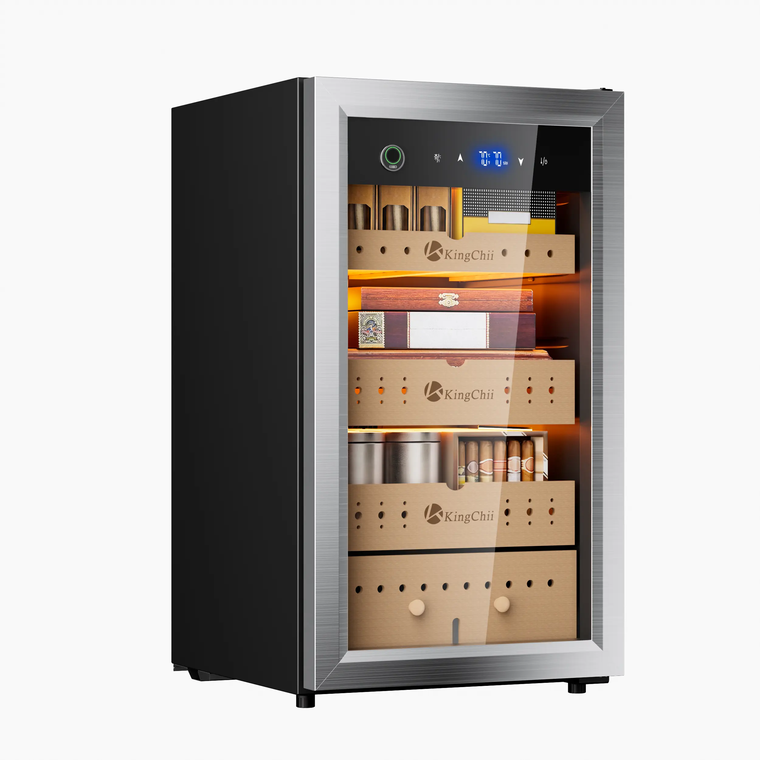 KingChii Pro 80L Electric Compression Humidor, Temperature & Humidity Control Cabinet, Built-in Humidification System with Spanish Cedar Wood Shelves & Drawer Hygrometer - 600 Capacity